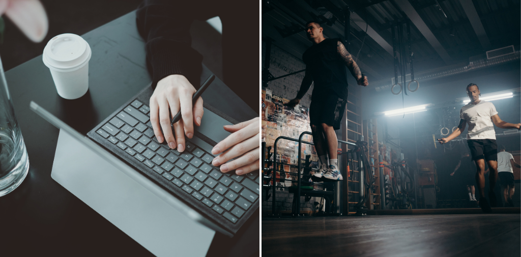 Imagem dividida ao meio: à esquerda, uma pessoa digitando em um teclado conectado a um iPad, representando o mundo corporativo. À direita, um homem pulando corda, simbolizando o universo esportivo. Um contraste que destaca a conexão entre disciplina e desempenho, seja nos negócios ou no esporte.