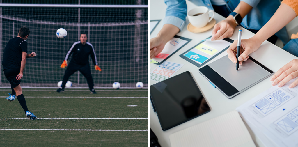 Imagem dividida ao meio: à esquerda, um jogador chutando em direção ao gol enquanto o goleiro se prepara para a defesa, retratando o foco e a precisão exigidos no esporte. À direita, uma mesa de trabalho onde duas pessoas colaboram em um projeto com iPad, gráficos e documentos, simbolizando planejamento estratégico no ambiente corporativo. Um paralelo perfeito que destaca a essência da alta performance, tanto no campo quanto nos negócios.