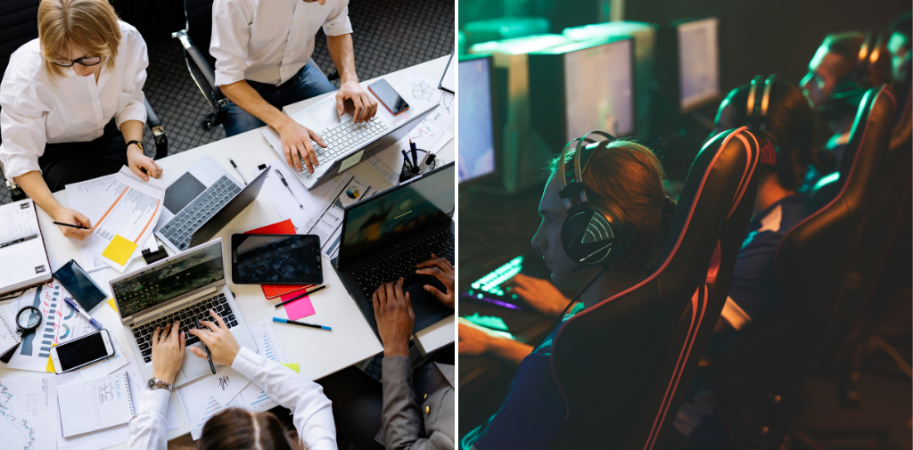 Imagem dividida ao meio: à esquerda, quatro profissionais em um ambiente corporativo, rodeados por computadores, iPads, impressões e itens de trabalho como canetas e celulares, representando a produtividade e a dinâmica do ambiente corporativo. À direita, três jogadores de eSports concentrados em suas telas, com mãos no teclado e mouse, simbolizando o foco, a estratégia e a alta performance no mundo dos jogos. Uma fusão de dois mundos de alta performance, no trabalho e no universo dos esportes digitais.