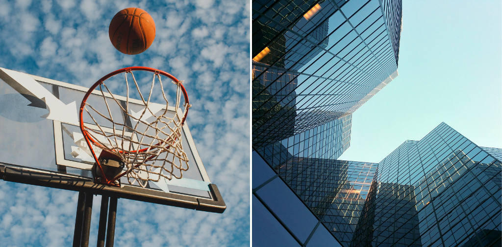 à esquerda, um aro de basquete com uma bola em pleno voo. À direita, uma vista para o céu, com três imponentes prédios corporativos de vidro.